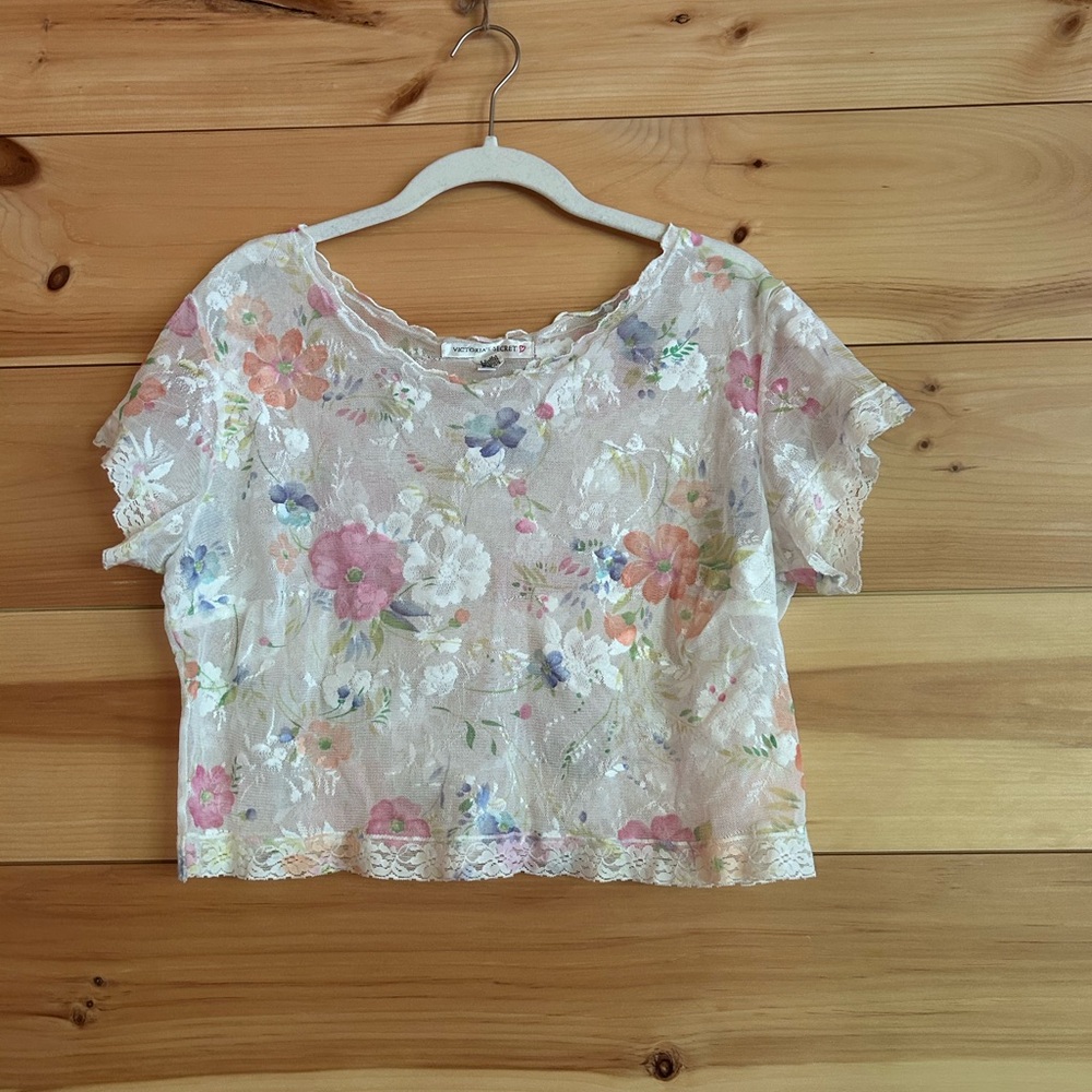 Vintage Victoria's Secret Sheer Lace Floral Crop Tee